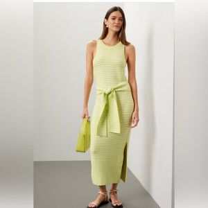 Green & White Striped Sleeveless Knit Midi Dress with Tie Front